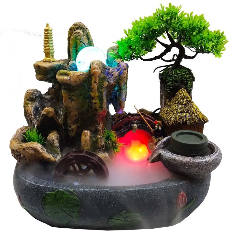 小假山流水摆件 树脂工艺品风水轮加湿器室内装饰桌面微景观喷泉