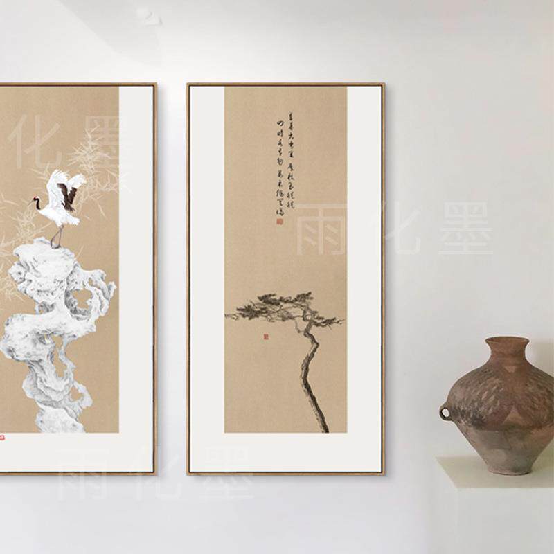 新中式玄关装饰壁画松鹤原木风酒店轻奢走廊过道壁画工笔太湖石