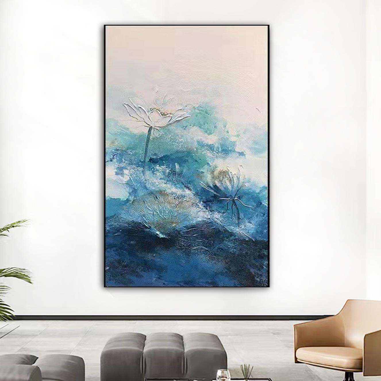 高端纯手绘荷花油画新中式玄关餐厅客厅大挂画走廊过道入户装饰画