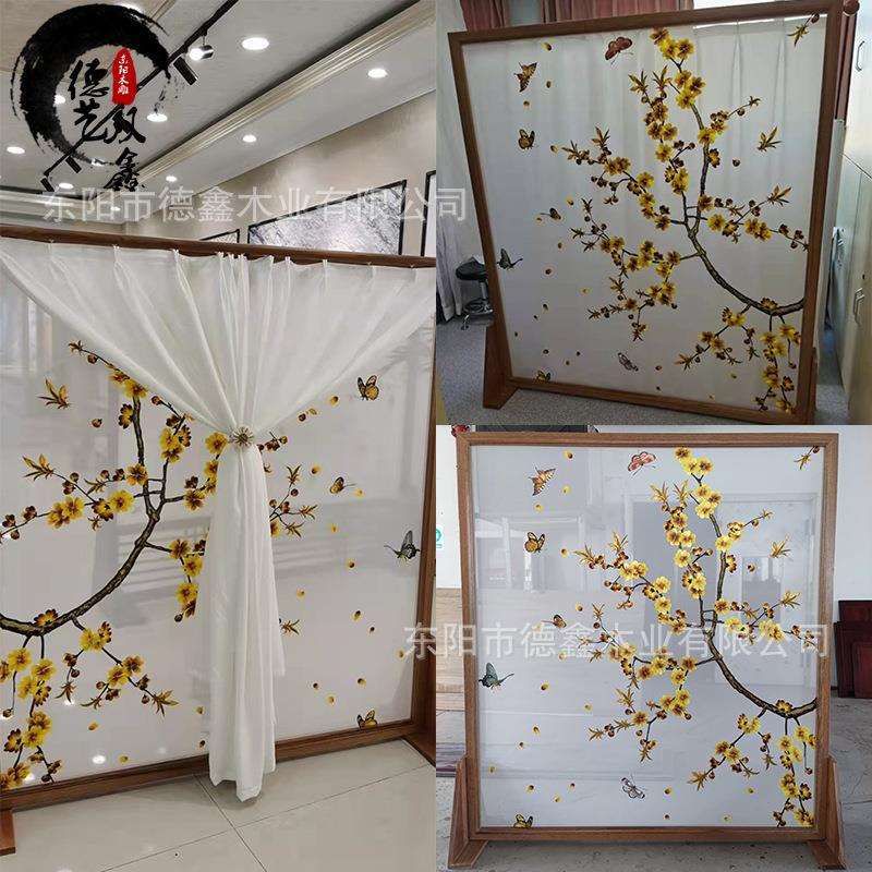 新中式现代简约布艺屏风 木质移动折叠入户玄关实木花格房间隔断