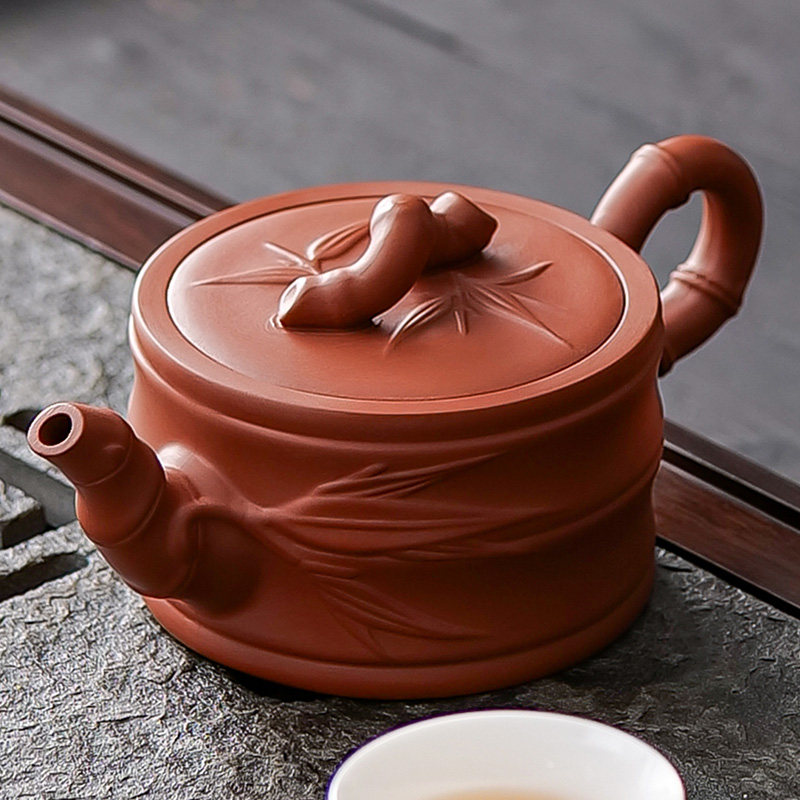 朱泥紫砂壶泡茶壶手工浮雕竹壶纯色单壶功夫茶具