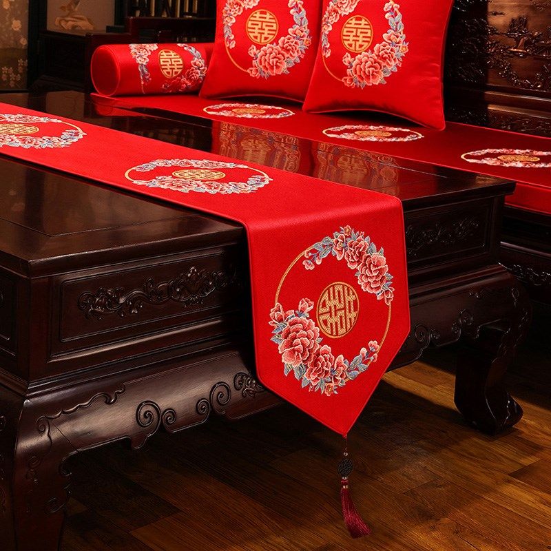 桌旗结婚茶几桌布刺绣喜庆婚庆喜字床旗茶台茶桌布长条旗