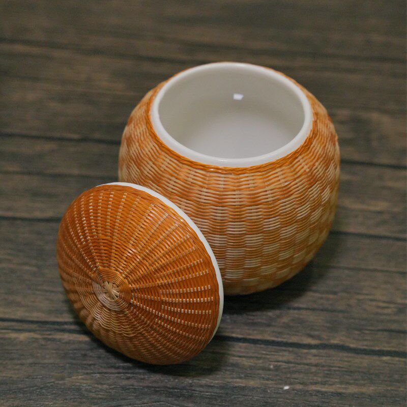 川非遗手工艺品瓷胎竹编成都竹丝扣瓷茶叶罐茶具毫升