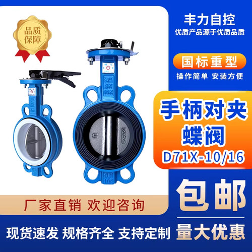 手柄对夹蝶阀D71X-10/16Q/C球墨铸铁四氟304不锈钢板DN50 80 100