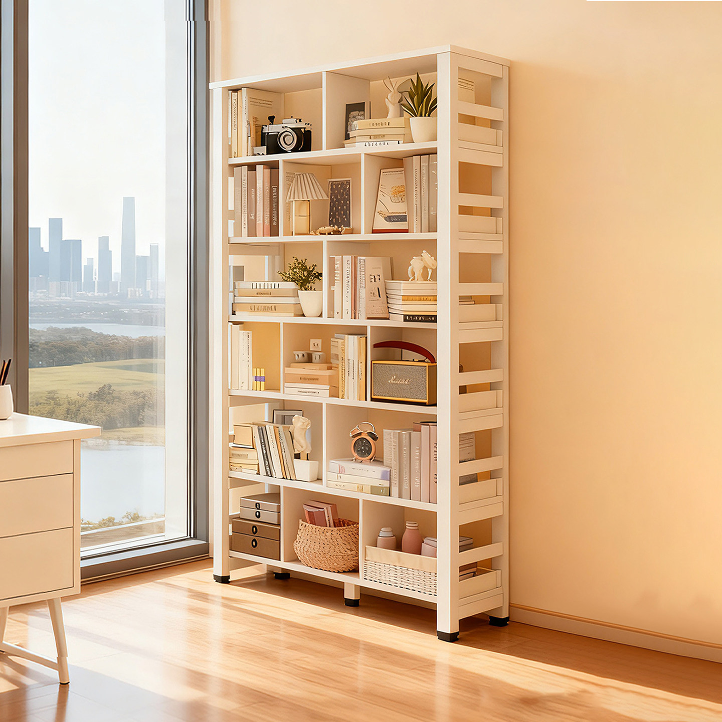 书架落地置物架一体靠墙家用多层储物柜钢木隔断书柜儿童简易书柜
