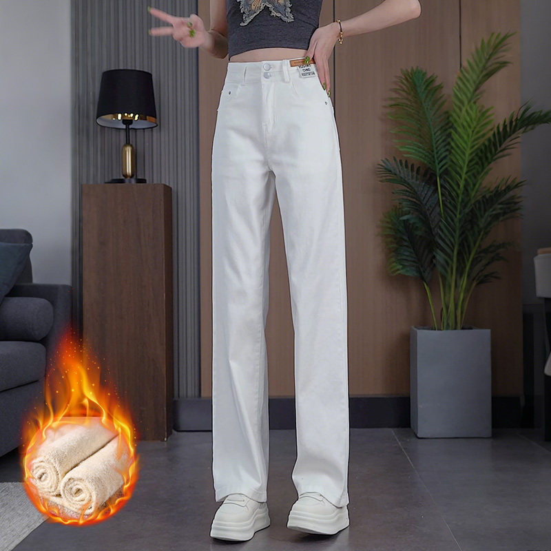 水洗棉阔腿裤牛仔女高腰显瘦宽松直筒裤秋冬加绒加厚复古舒适长裤