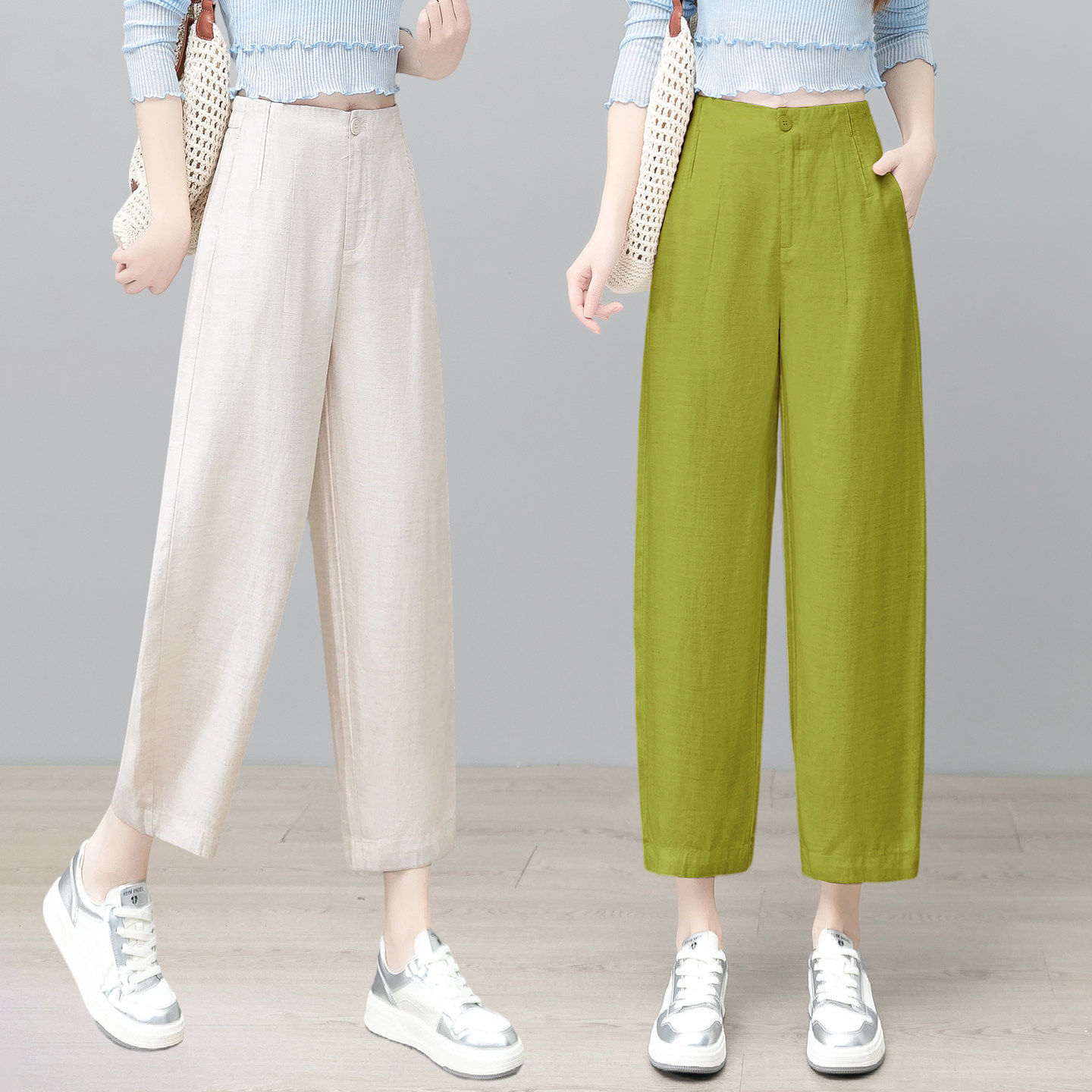 小个子天丝亚麻八分裤女夏季薄款阔腿弯刀裤高腰显瘦百搭休闲裤子