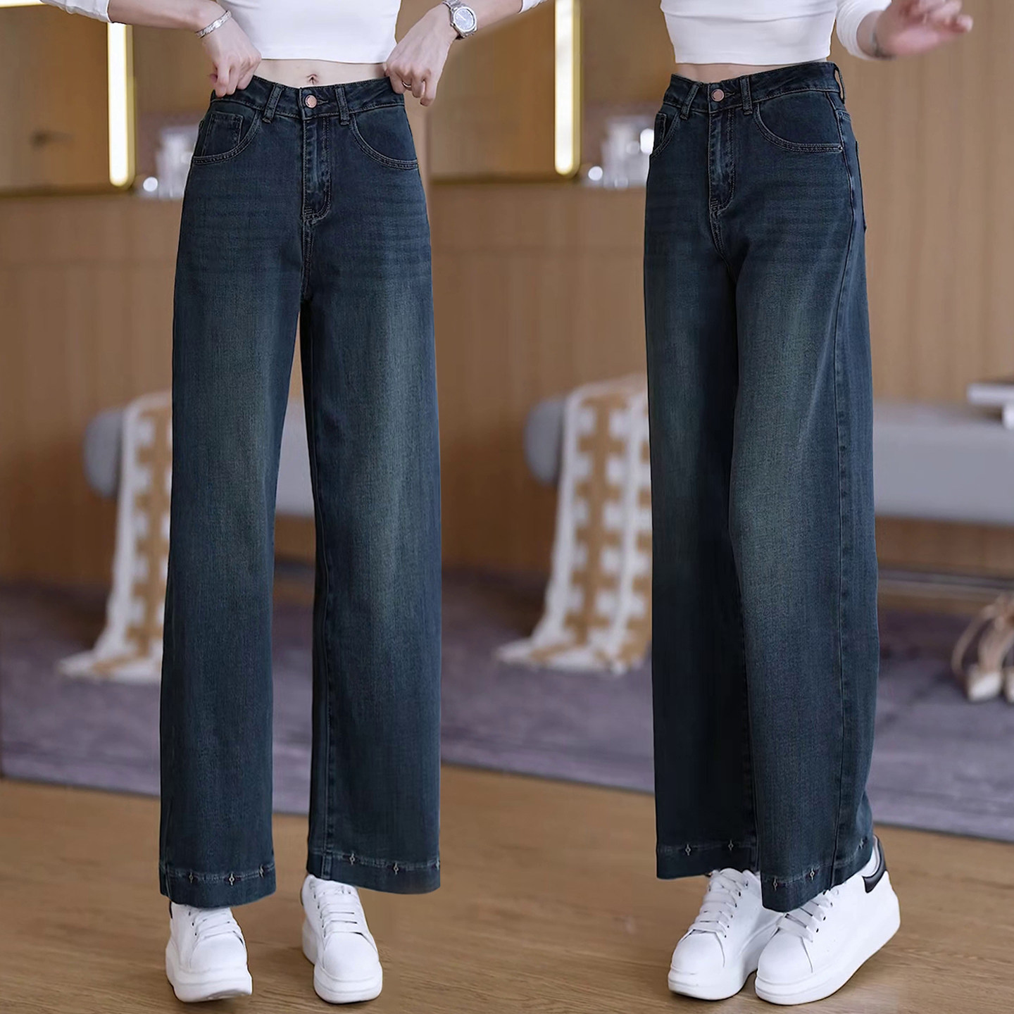 高腰窄版直筒牛仔裤女春秋新款舒适九分裤显瘦百搭宽松简约阔腿裤