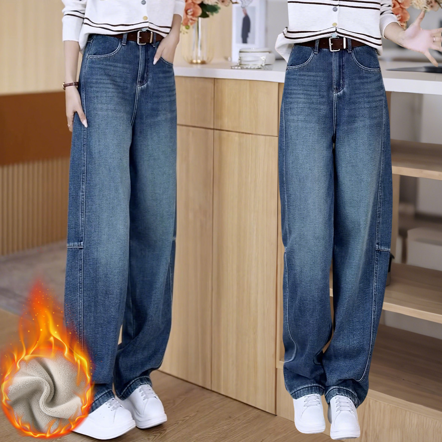 复古牛仔弯刀裤女秋冬加绒加厚显瘦保暖香蕉裤宽松高腰阔腿镰刀裤