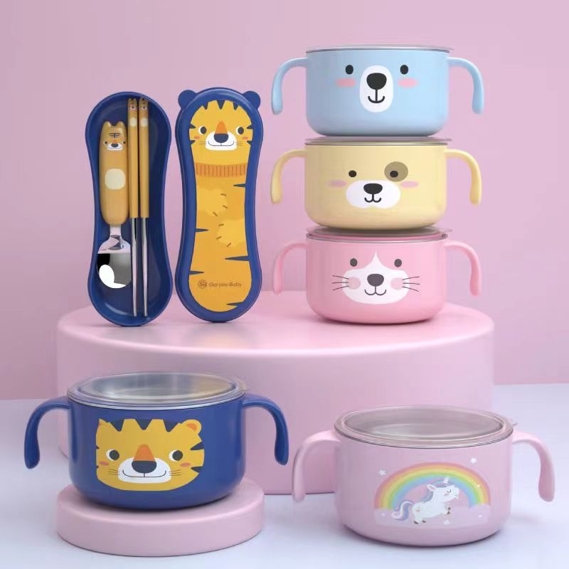 韩国独角儿童汤碗耳带手带盖子携式防烫猫饭碗
