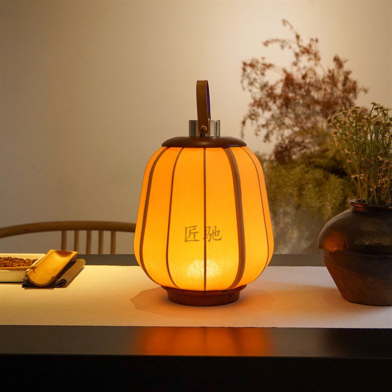 中古风触控复古实木亚麻手绘台灯充电床灯夜灯灯