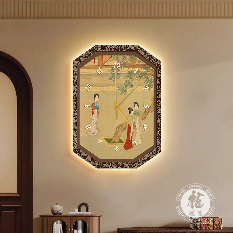 复古风客厅钟表挂画中背景墙挂钟发光茶室时钟饰画