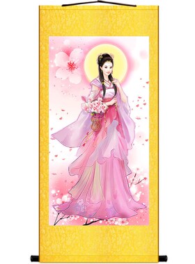 桃仙子图 神仙女画像 复古客厅书房饰画 绢布卷轴挂画
