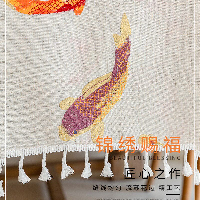锦鲤赐福新年桌布年麻布艺长方形圆桌布客厅茶几垫