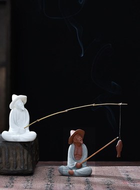 姜太公钓鱼翁老头小陶瓷物鱼缸垂钓渔翁茶具茶架装饰品造景