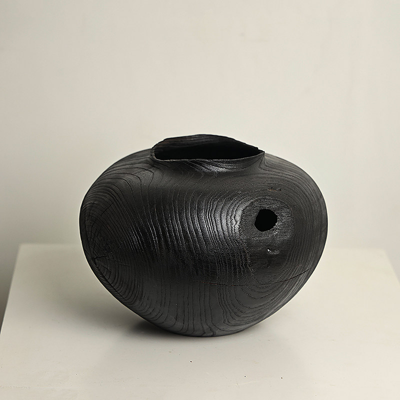 侘寂风纯手工大瓶黑色炭化木质大漆器茶空间民宿级感