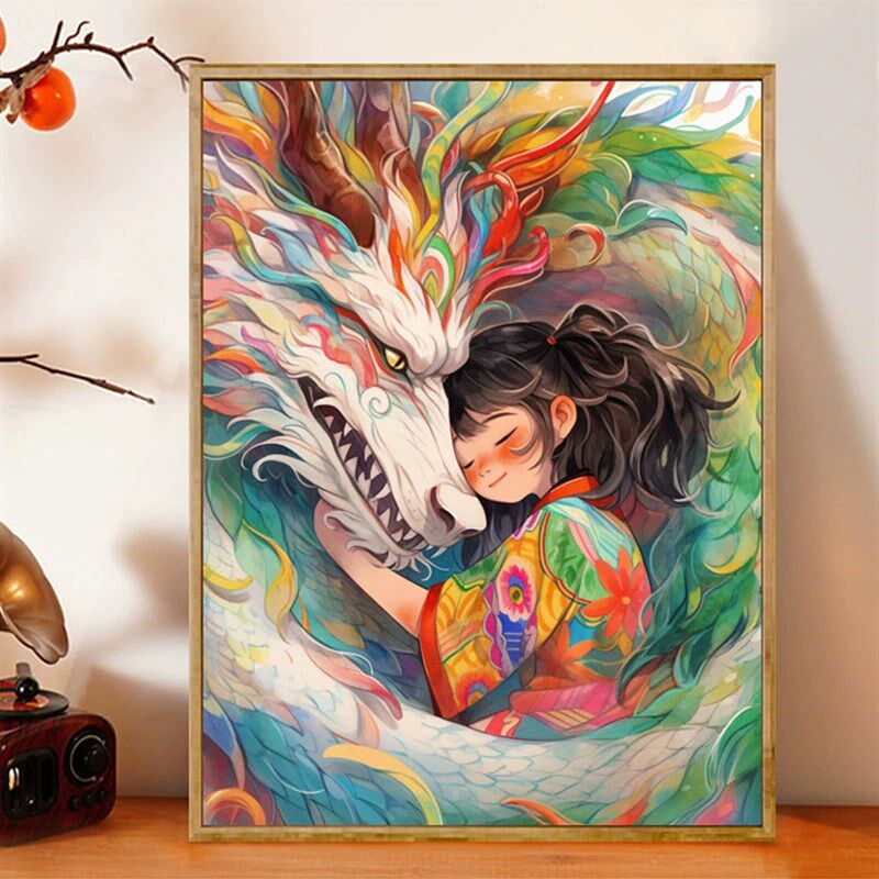 龙年插画拥抱神龙数字油画填色画手绘油彩画装饰画