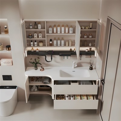 橡木可丽耐一体盆异形浴室柜组合梳妆台洗脸盆卫浴柜定制岩板热弯