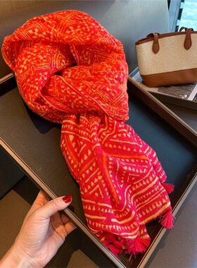 女式春季韩式橙色图腾印花流苏长棉麻丝巾纱巾夏日防晒披肩