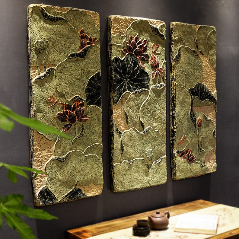 中式刻背景墙装饰楼浮雕茶壁饰荷花简约壁挂挂画客厅挂画艺术画图片