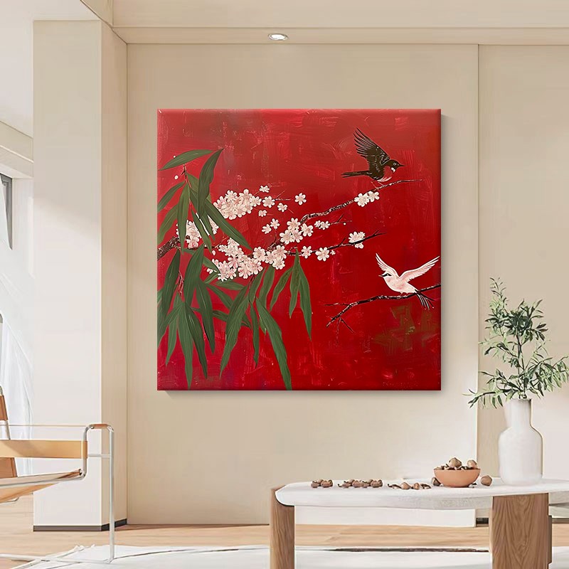 新喜上眉梢纯手绘油画红色喜庆鸟图饰画客厅玄肌理挂画