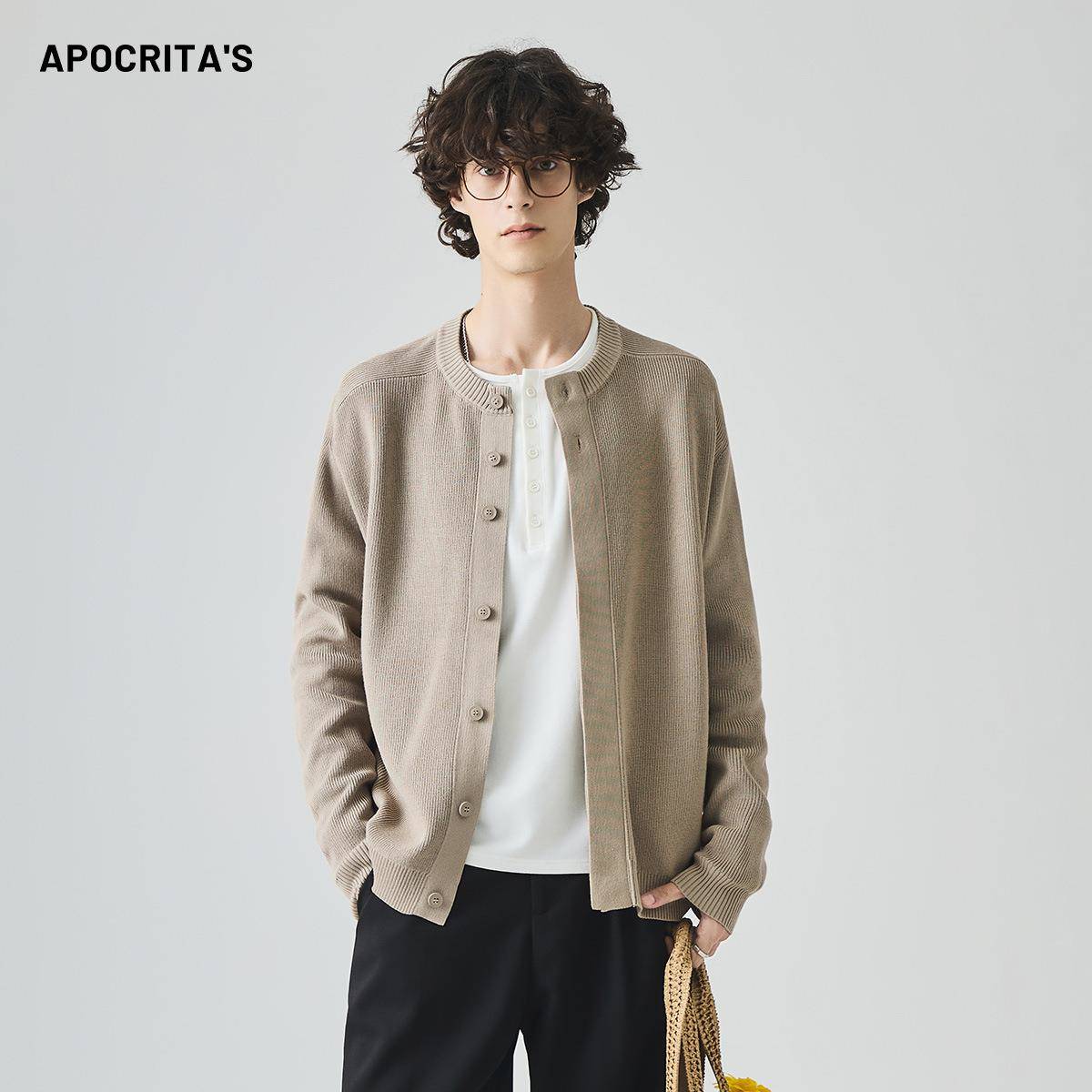 APO男装|跨境男士毛衣秋季宽松圆领老钱风松弛感针织开衫外套上衣