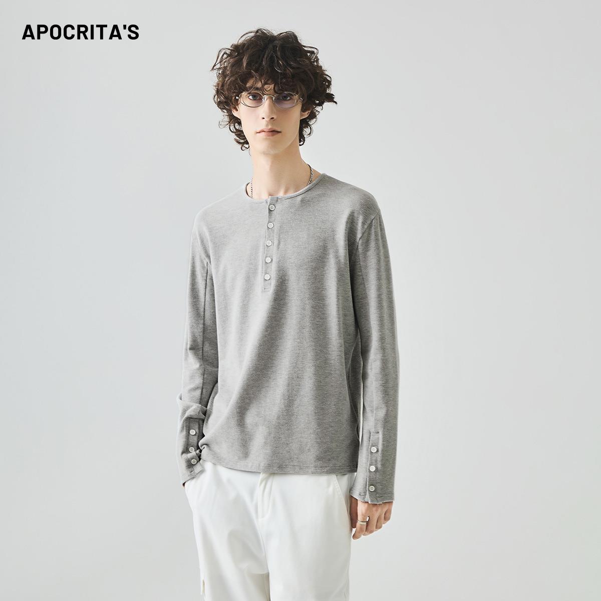 APO男装 |跨境男士长袖T恤秋季轻奢纯色修身亨利领内搭上衣打底衫