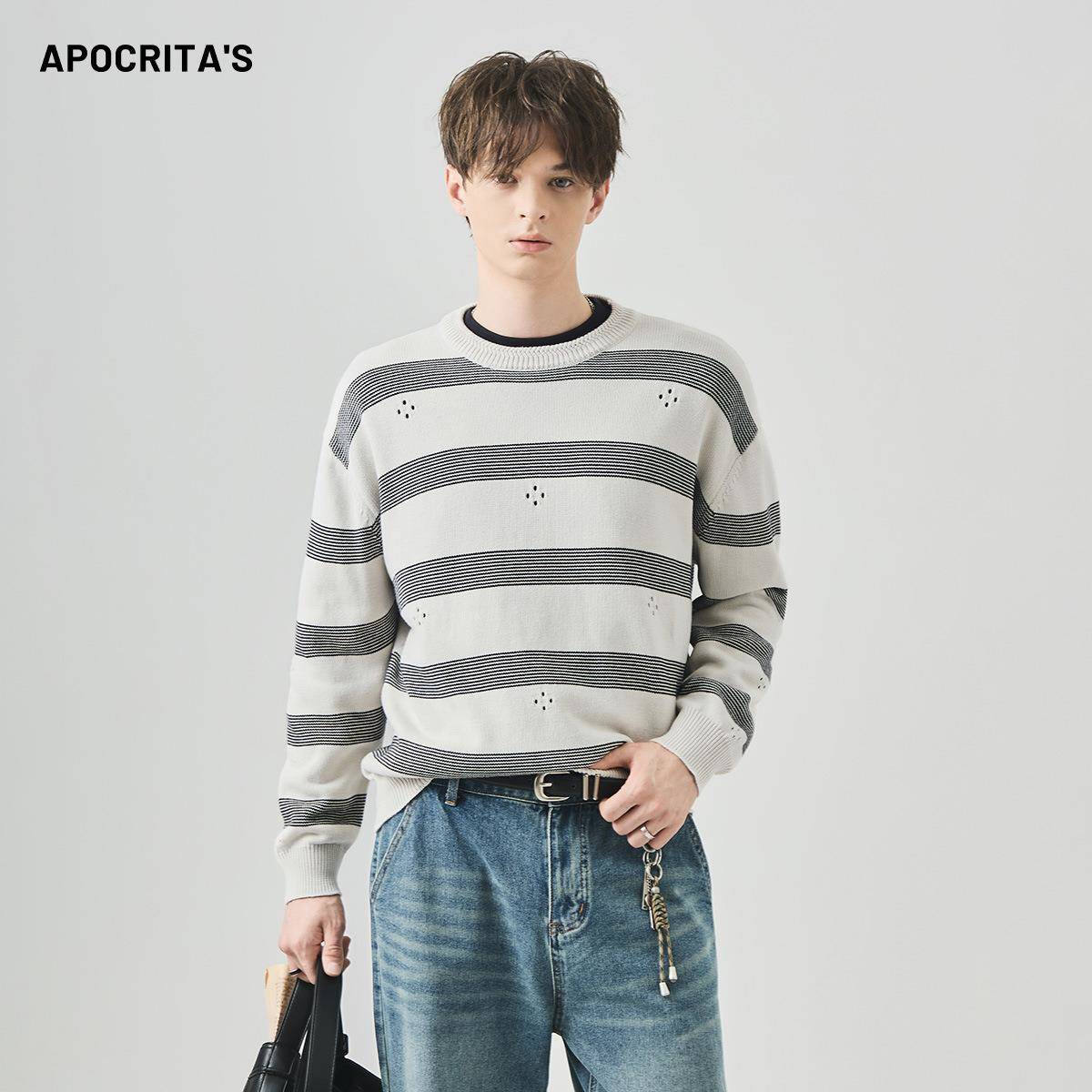 APO男装|跨境男士纯棉破洞毛衣秋季宽松圆领慵懒风条纹长袖针织衫
