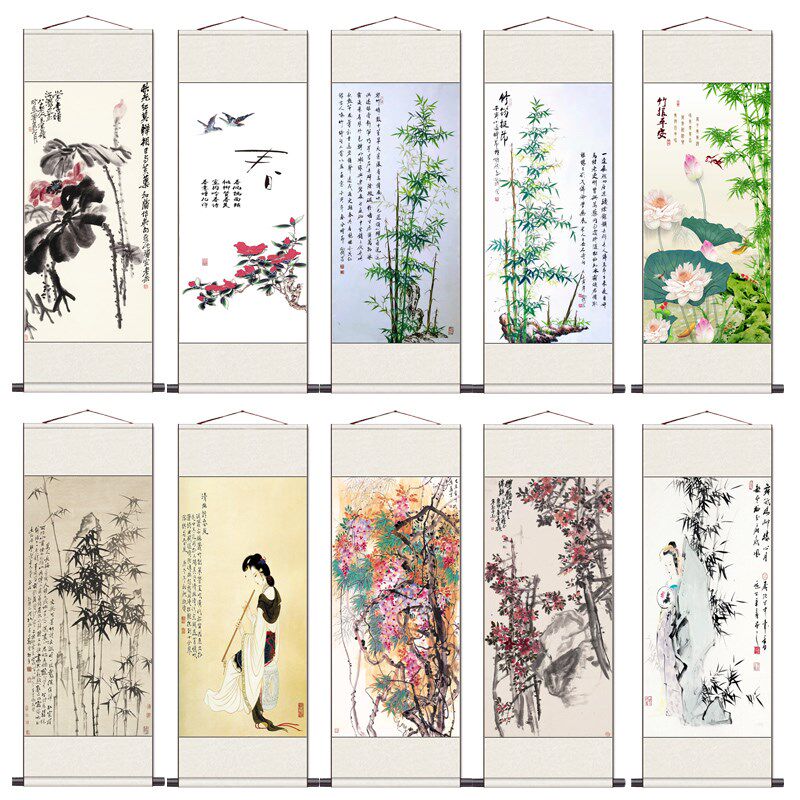 国画翠竹荷梅卷轴装饰画美女图酒店客厅书房挂画丝绸挂画送礼