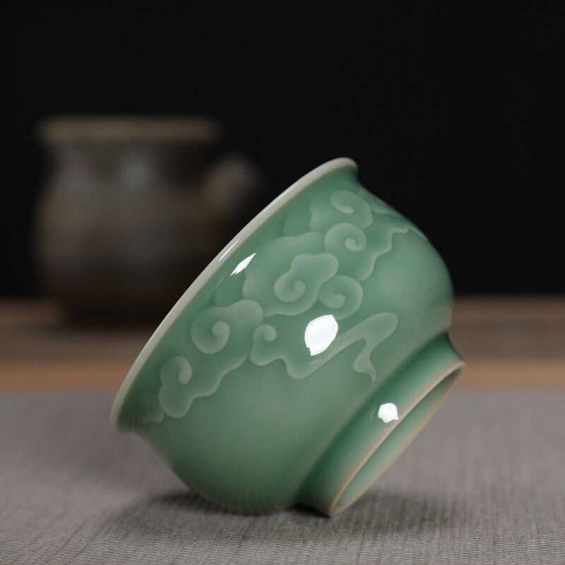 龙泉市青瓷 吴国峰全手工弟窑梅子青茶杯功夫茶具 杯茶碗