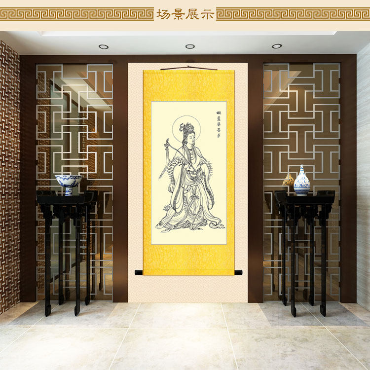 毗蓝婆菩萨画像 绢布卷轴挂画复古装饰画丝绸画 订做