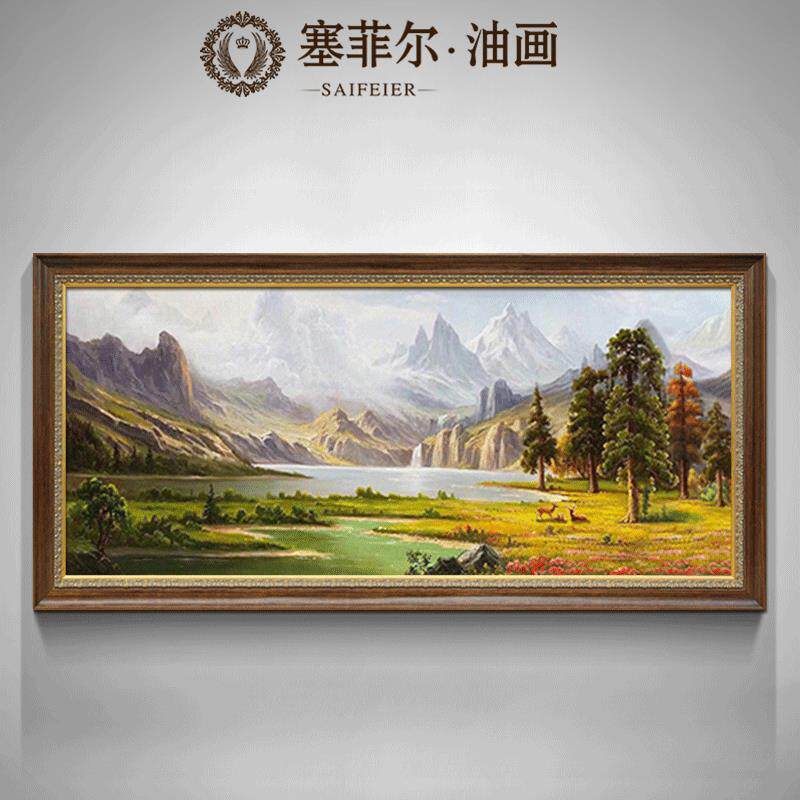 山水油画手绘欧美式风水招财鹿挂画挂画大气玄关客厅装饰画聚宝盆