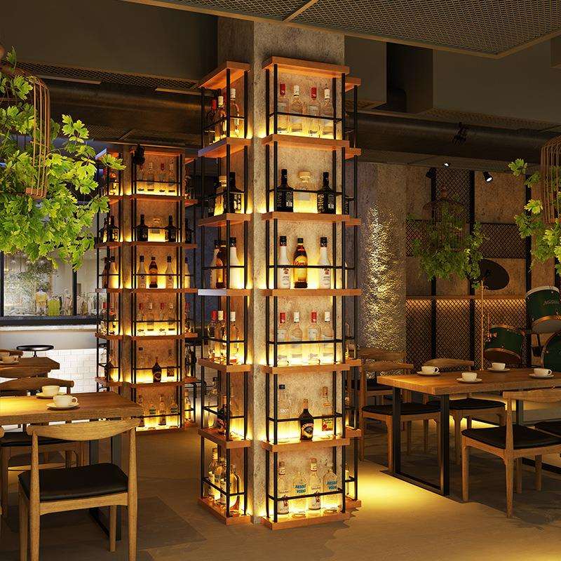 美式餐厅酒吧柱子墙上发光酒架铁艺红酒陈列酒架展示架置物架酒柜