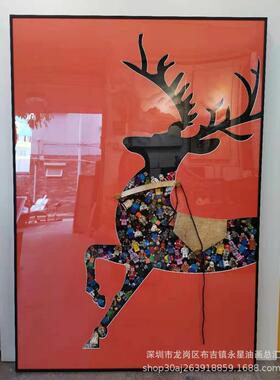 爱马橙色客厅沙发背景装饰画积乐木高实物挂画玄关走廊大象鹿画