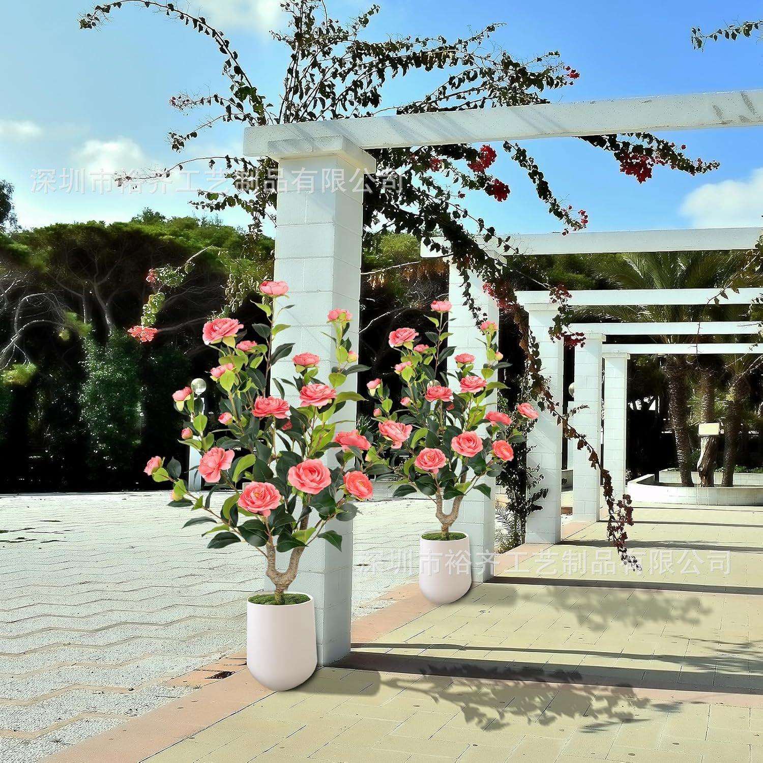 2025仿真植物粉色山茶花月季花假花绿植中小型盆栽室内外装饰摆件