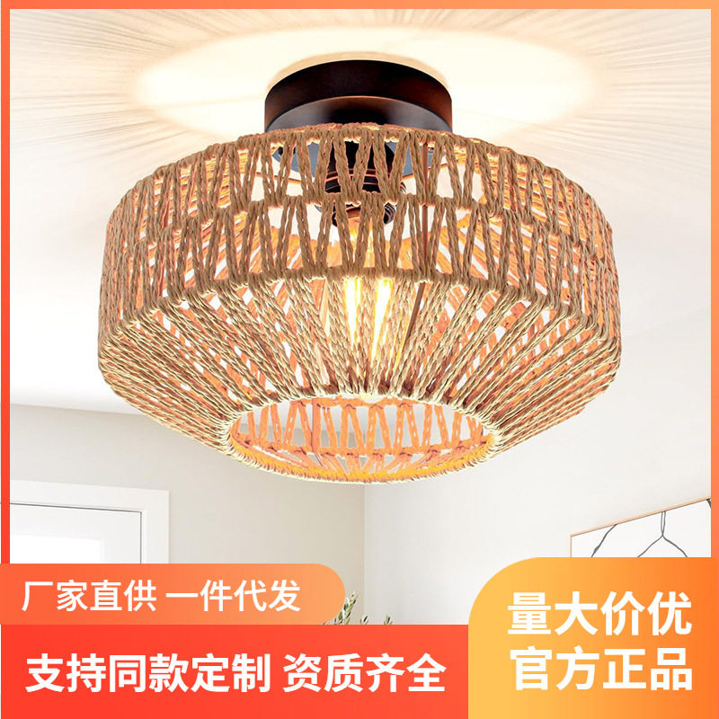 跨境东南亚灯具纸绳乡村复古吸顶灯工业风卧室中式纸编织织吸顶灯