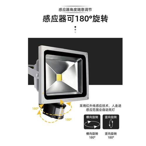 LED人体感应投光灯 过道走廊车库别墅10W20W30W50W红外感应投光灯