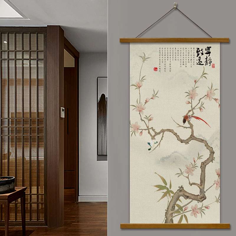 5ZW新中式挂画花鸟喜鹊布艺无框画客厅玄关走廊装饰画竖版风壁画图片