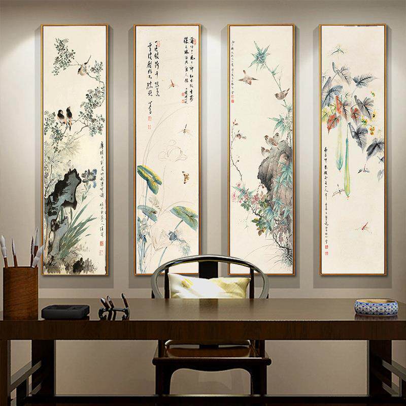 新中式客厅装饰画四联花鸟餐厅挂画现代酒店玄关走廊壁画长条竖版