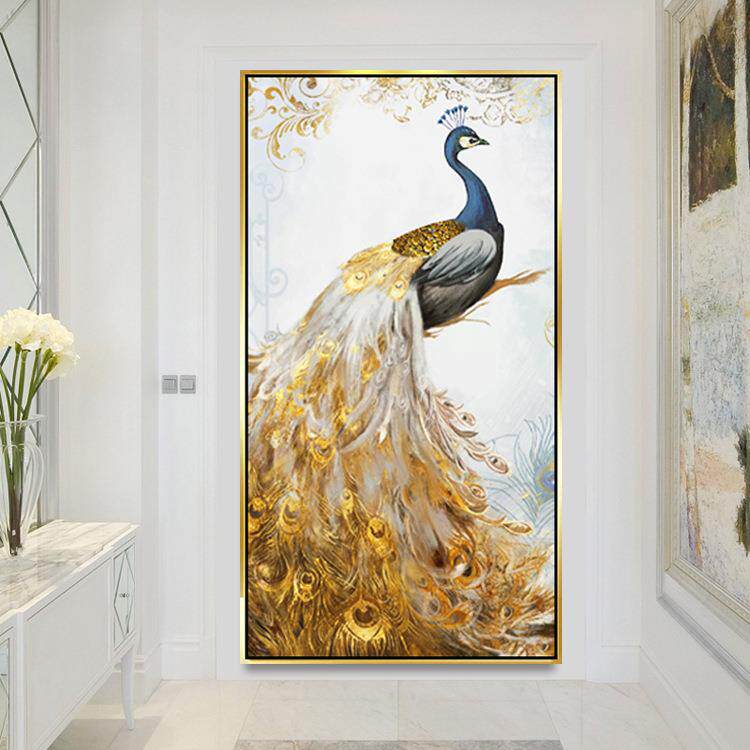 手工油画 招财孔雀装饰画 入户玄关竖画 厂家直销纯手绘