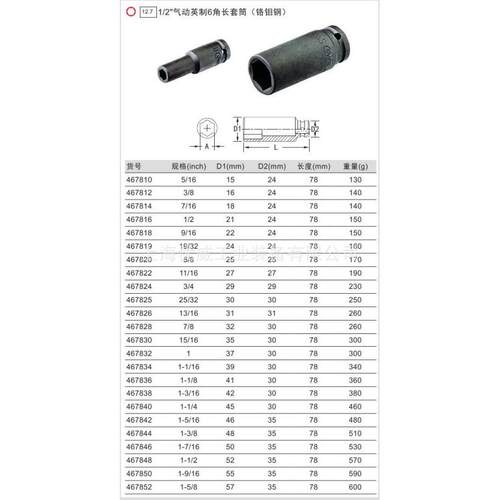 GENIUS天赋工具1/2气动英制6六角长套筒铬钼钢467810-467840