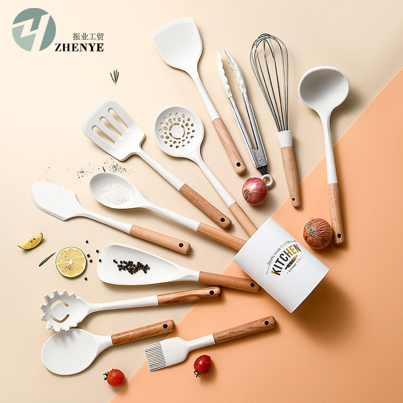 奶白色木柄硅胶厨具烹饪套装12件套厨房工具十二件套kitchen sets,厨房/烹饪用具,全套勺铲,淘宝优惠券,粉丝福利购,淘宝优惠卷