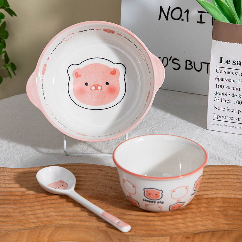可爱猪碗盘卡通陶瓷碗碟盘可爱家用饭碗把手碗高颜值碗碟套装