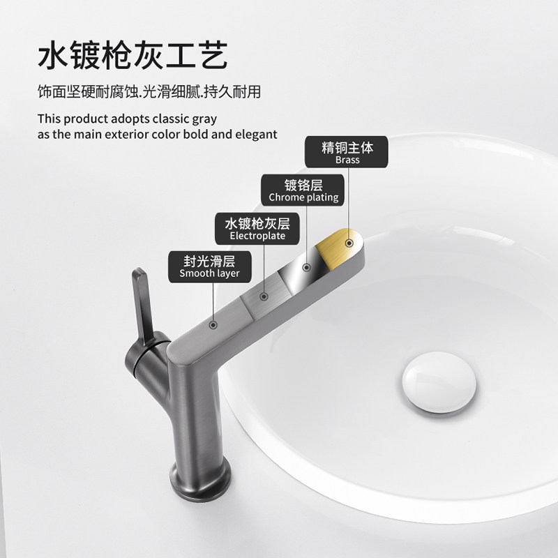 奶油风全铜白色升降洗手盆水龙头家用洗脸盆抽拉式卫生间面盆冷热