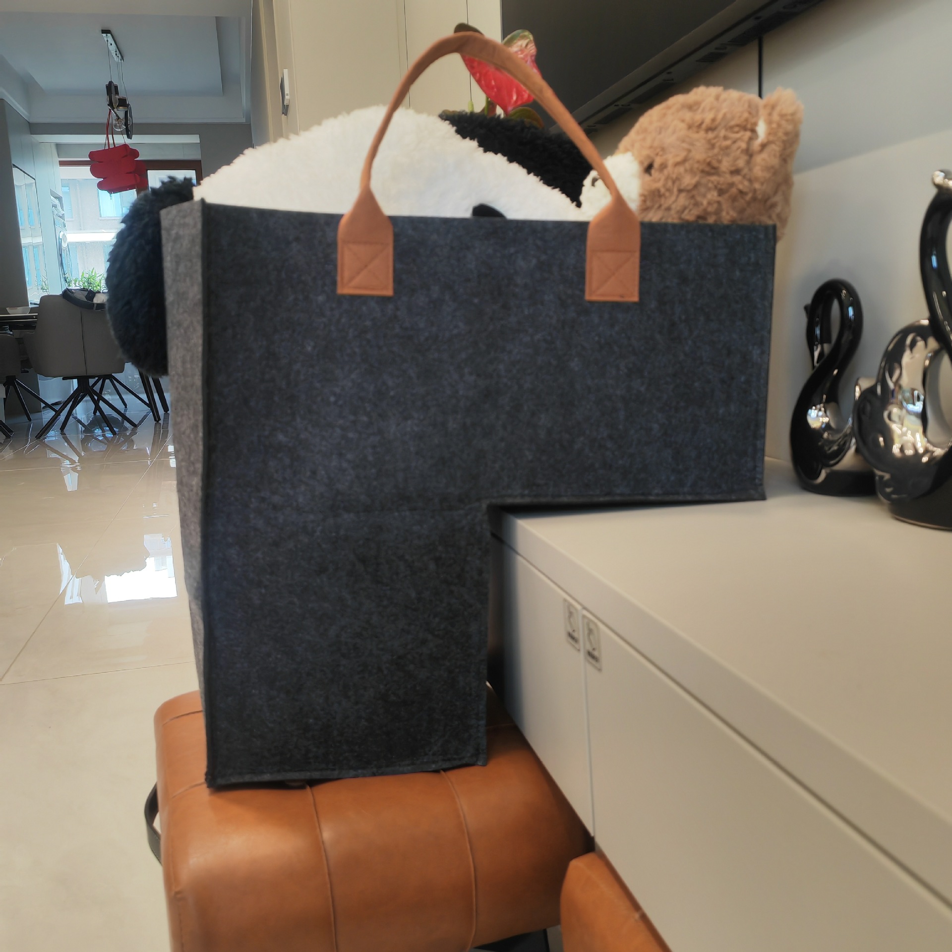 EMU热销可折叠毛毡楼梯篮储物收纳盒筐皮革手柄L形楼梯阶包