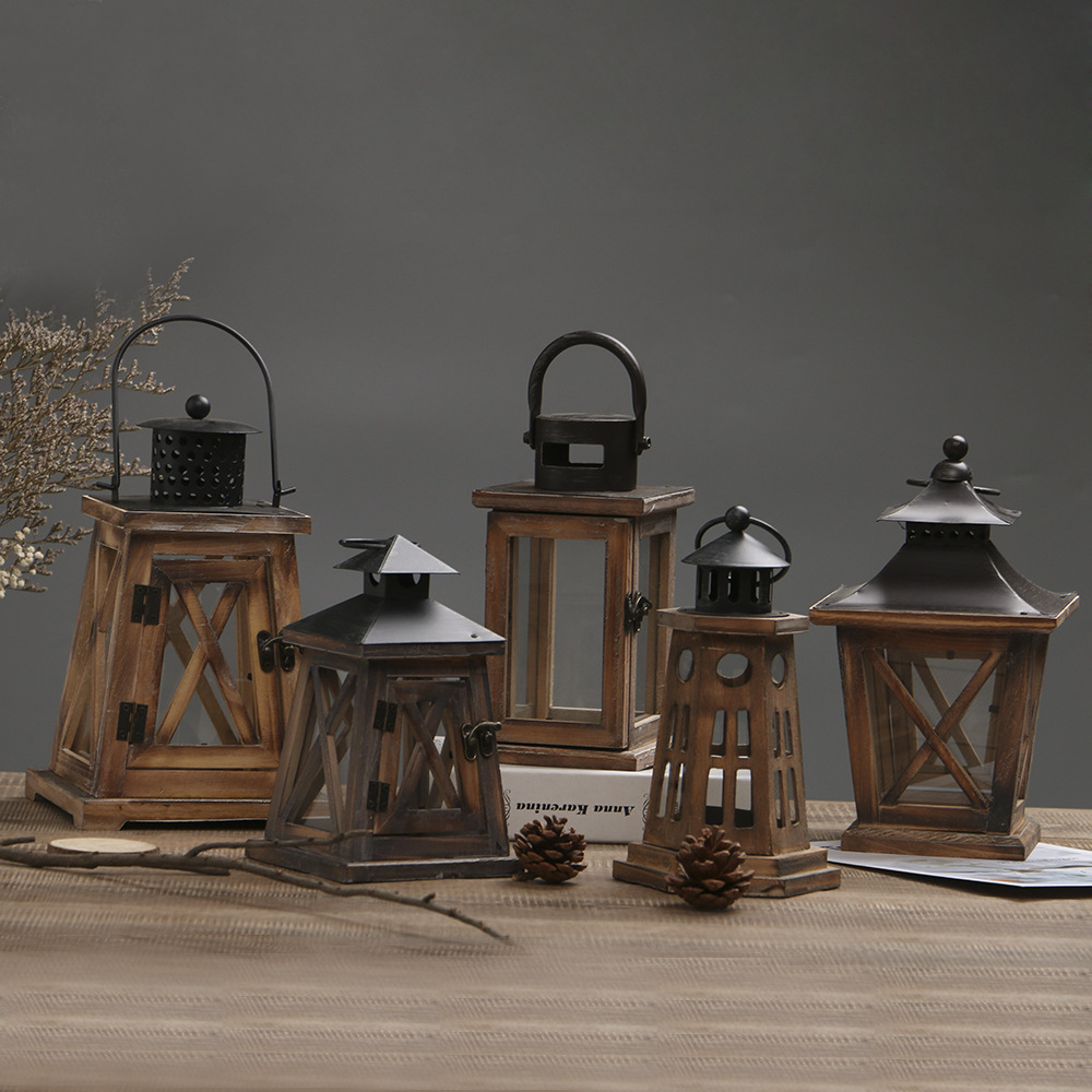 美式木头烛台欧式风灯蜡烛台家居装饰品圣诞节复古摆件