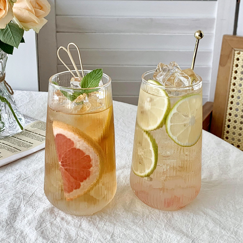 高硼硅玻璃杯家用竖纹牛奶杯冰咖啡果汁杯透明玻璃大容量单层杯