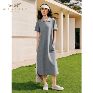 十二篮26夏新款高级感运动风polo领连衣裙棉质休闲直筒半拉链灰色