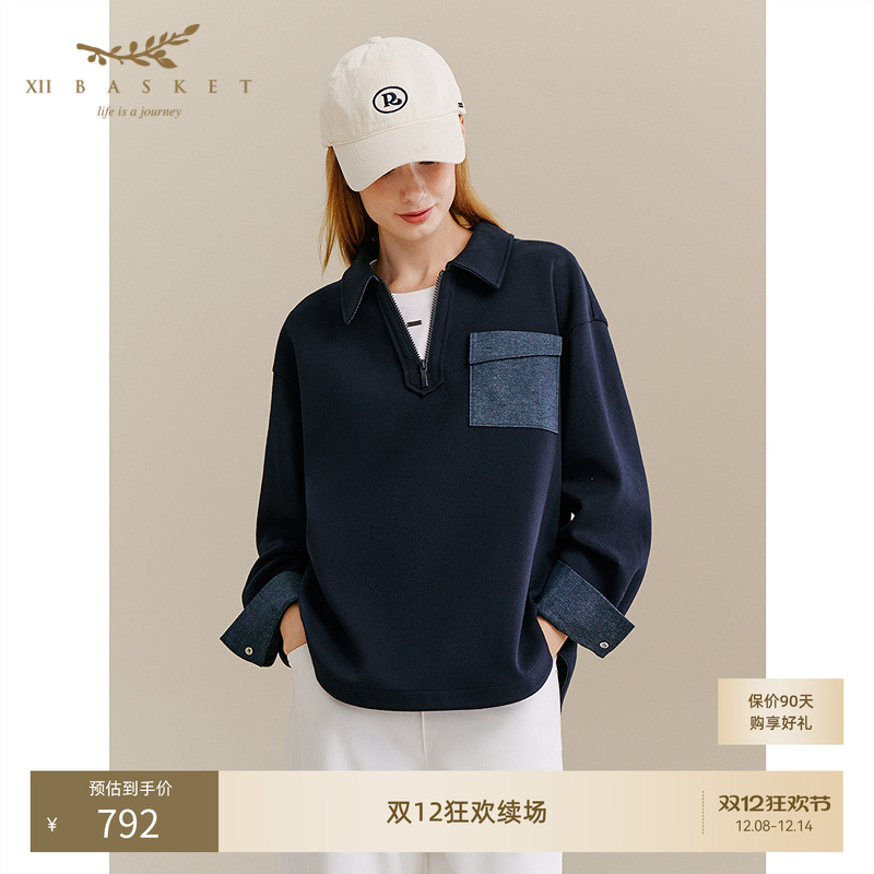 十二篮半拉链上衣复古休闲女