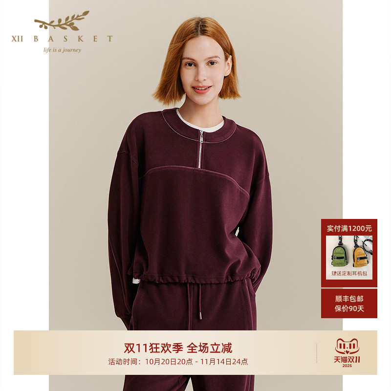 十二篮安可拉红绒面圆领卫衣女